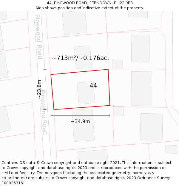 44, PINEWOOD ROAD, FERNDOWN, BH22 9RR: Plot and title map