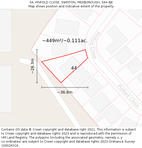 44, PINFOLD CLOSE, SWINTON, MEXBOROUGH, S64 8JE: Plot and title map