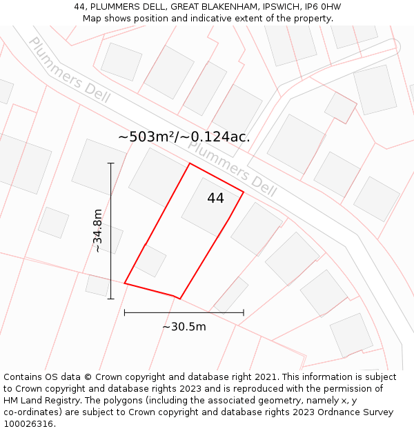 44, PLUMMERS DELL, GREAT BLAKENHAM, IPSWICH, IP6 0HW: Plot and title map