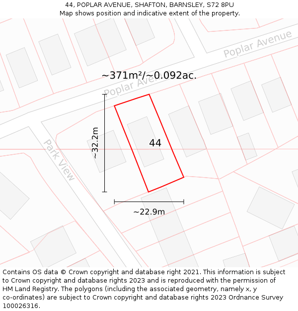 44, POPLAR AVENUE, SHAFTON, BARNSLEY, S72 8PU: Plot and title map