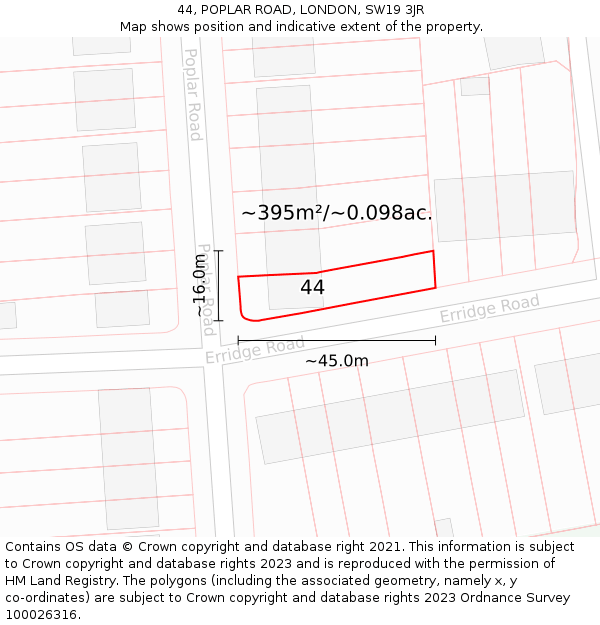 44, POPLAR ROAD, LONDON, SW19 3JR: Plot and title map