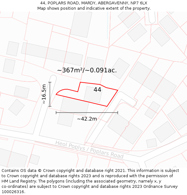 44, POPLARS ROAD, MARDY, ABERGAVENNY, NP7 6LX: Plot and title map