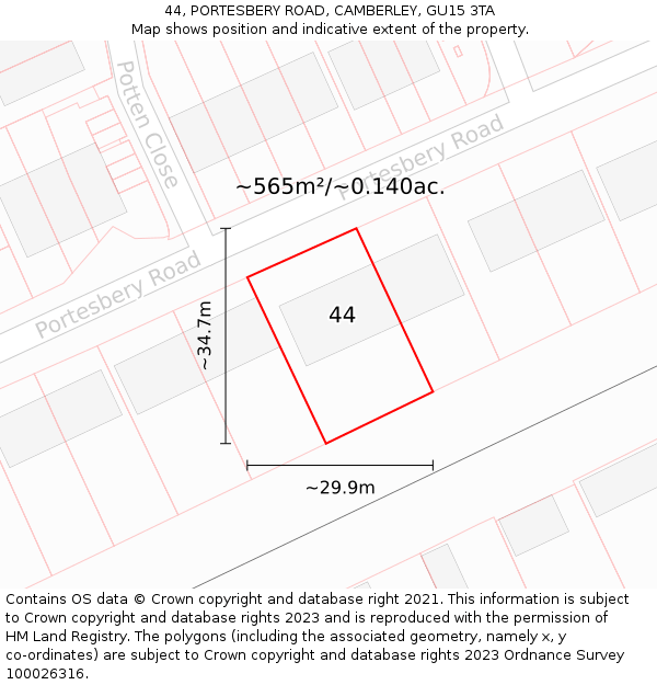 44, PORTESBERY ROAD, CAMBERLEY, GU15 3TA: Plot and title map