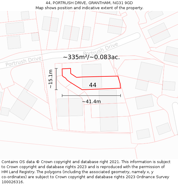 44, PORTRUSH DRIVE, GRANTHAM, NG31 9GD: Plot and title map