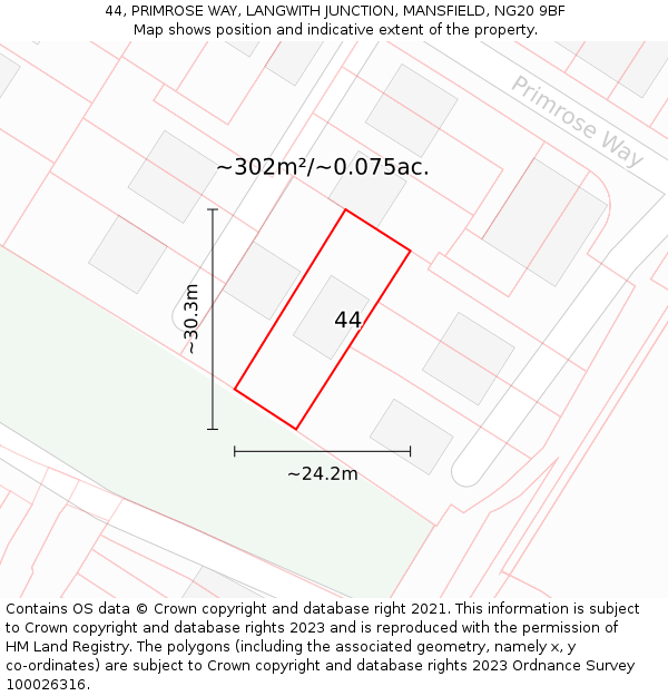 44, PRIMROSE WAY, LANGWITH JUNCTION, MANSFIELD, NG20 9BF: Plot and title map