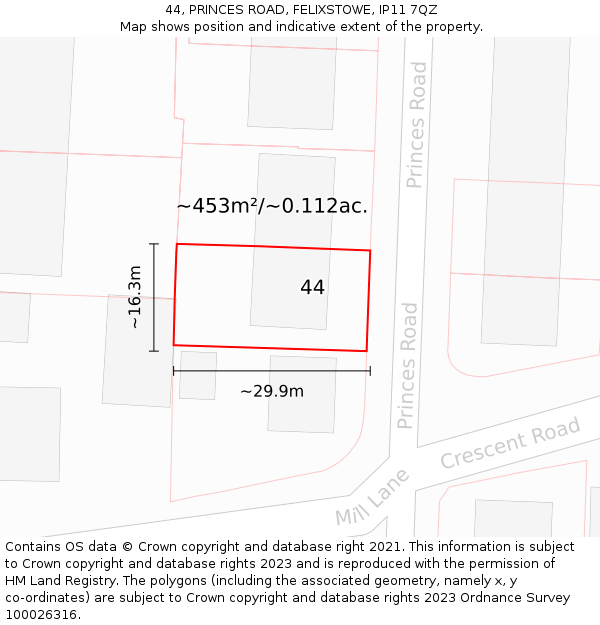 44, PRINCES ROAD, FELIXSTOWE, IP11 7QZ: Plot and title map