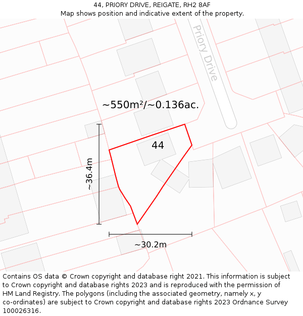 44, PRIORY DRIVE, REIGATE, RH2 8AF: Plot and title map