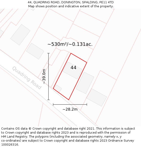 44, QUADRING ROAD, DONINGTON, SPALDING, PE11 4TD: Plot and title map