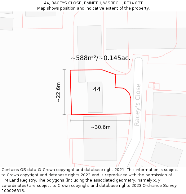 44, RACEYS CLOSE, EMNETH, WISBECH, PE14 8BT: Plot and title map