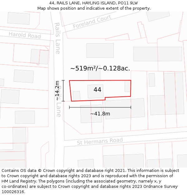 44, RAILS LANE, HAYLING ISLAND, PO11 9LW: Plot and title map