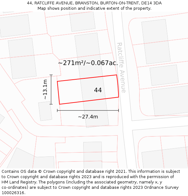 44, RATCLIFFE AVENUE, BRANSTON, BURTON-ON-TRENT, DE14 3DA: Plot and title map