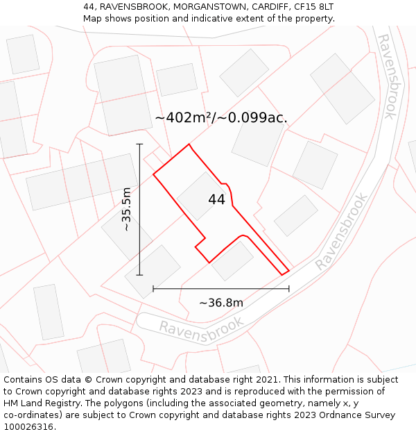 44, RAVENSBROOK, MORGANSTOWN, CARDIFF, CF15 8LT: Plot and title map