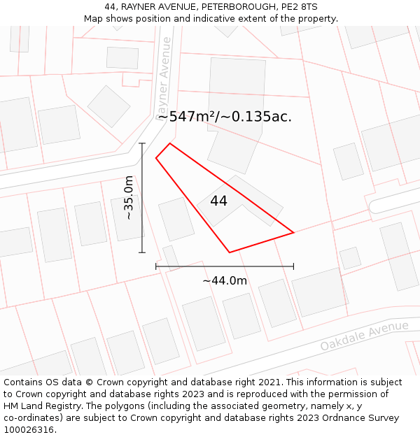 44, RAYNER AVENUE, PETERBOROUGH, PE2 8TS: Plot and title map