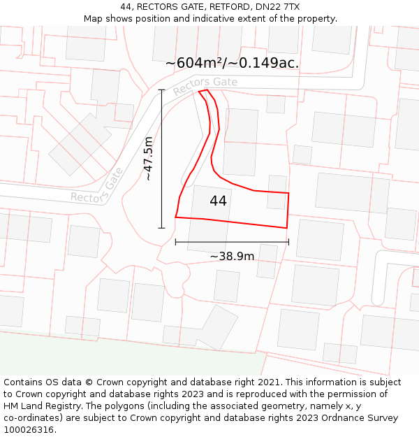 44, RECTORS GATE, RETFORD, DN22 7TX: Plot and title map