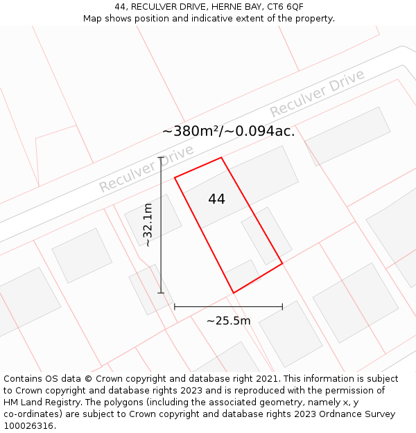 44, RECULVER DRIVE, HERNE BAY, CT6 6QF: Plot and title map