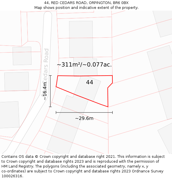 44, RED CEDARS ROAD, ORPINGTON, BR6 0BX: Plot and title map