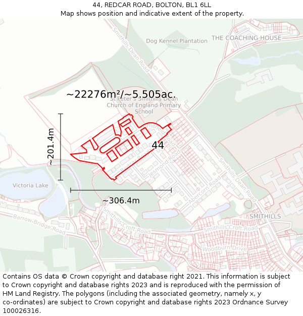 44, REDCAR ROAD, BOLTON, BL1 6LL: Plot and title map