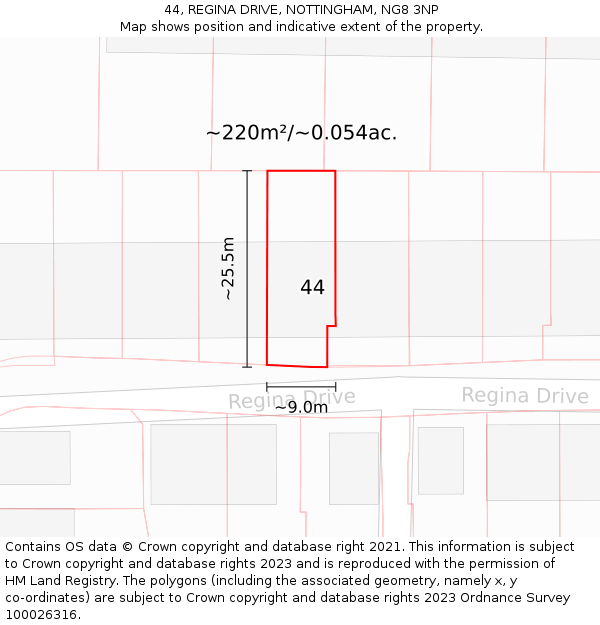 44, REGINA DRIVE, NOTTINGHAM, NG8 3NP: Plot and title map