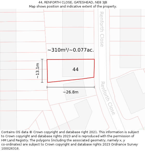 44, RENFORTH CLOSE, GATESHEAD, NE8 3JB: Plot and title map