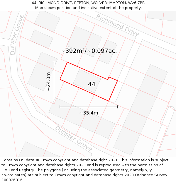 44, RICHMOND DRIVE, PERTON, WOLVERHAMPTON, WV6 7RR: Plot and title map