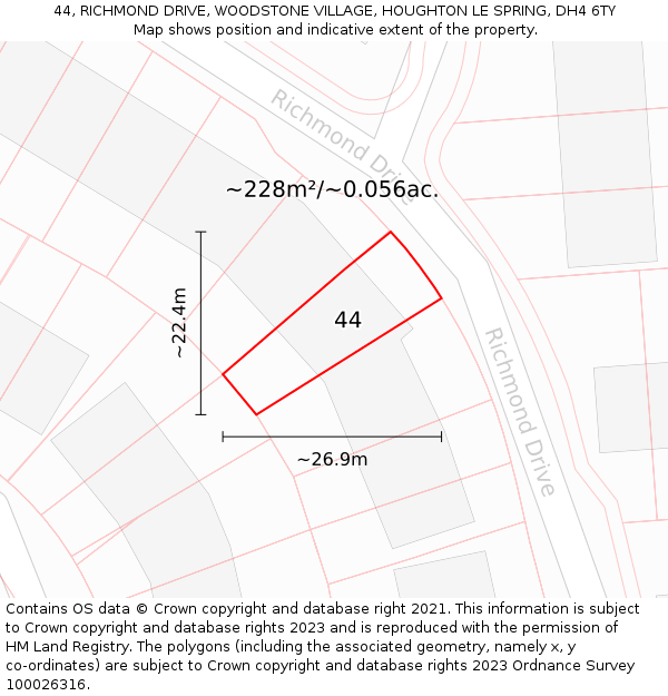44, RICHMOND DRIVE, WOODSTONE VILLAGE, HOUGHTON LE SPRING, DH4 6TY: Plot and title map
