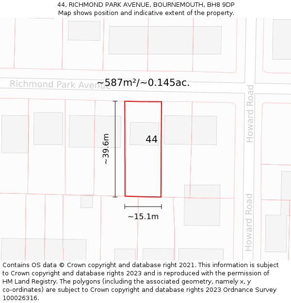 44, RICHMOND PARK AVENUE, BOURNEMOUTH, BH8 9DP: Plot and title map