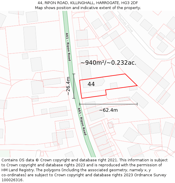 44, RIPON ROAD, KILLINGHALL, HARROGATE, HG3 2DF: Plot and title map