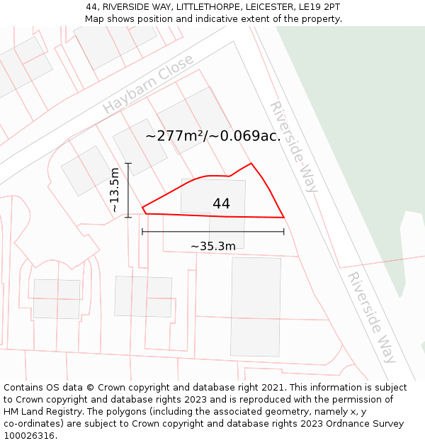 44, RIVERSIDE WAY, LITTLETHORPE, LEICESTER, LE19 2PT: Plot and title map