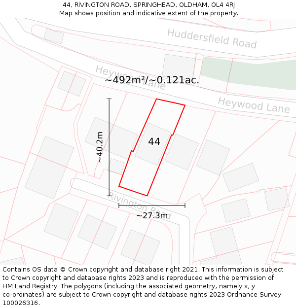 44, RIVINGTON ROAD, SPRINGHEAD, OLDHAM, OL4 4RJ: Plot and title map