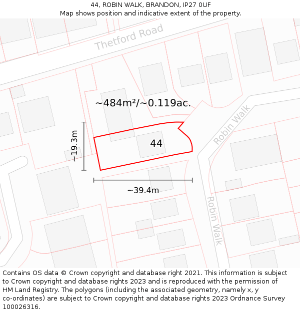 44, ROBIN WALK, BRANDON, IP27 0UF: Plot and title map