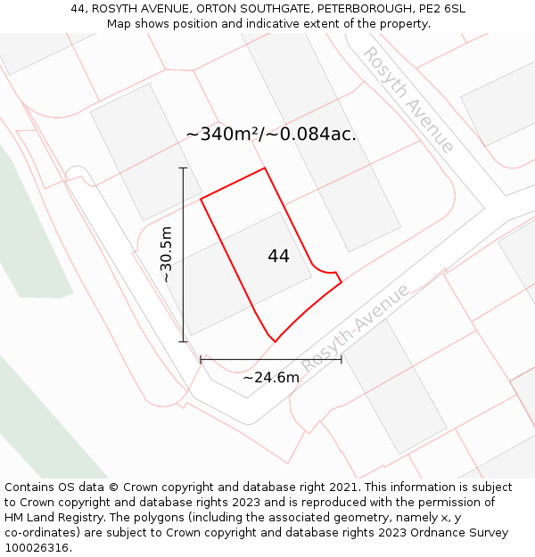 44, ROSYTH AVENUE, ORTON SOUTHGATE, PETERBOROUGH, PE2 6SL: Plot and title map