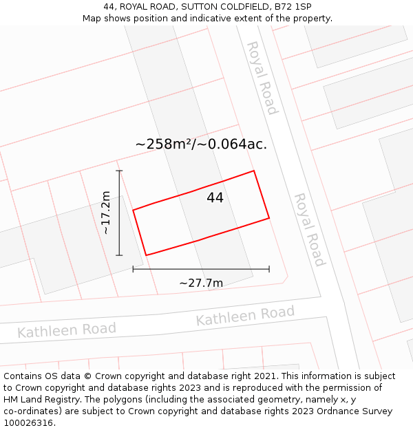 44, ROYAL ROAD, SUTTON COLDFIELD, B72 1SP: Plot and title map