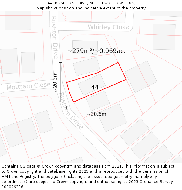 44, RUSHTON DRIVE, MIDDLEWICH, CW10 0NJ: Plot and title map