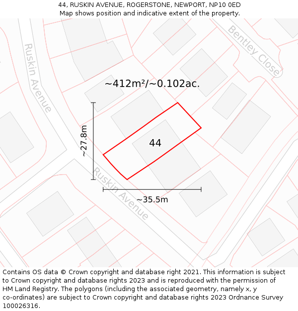 44, RUSKIN AVENUE, ROGERSTONE, NEWPORT, NP10 0ED: Plot and title map