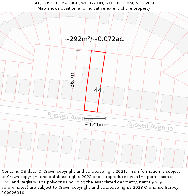 44, RUSSELL AVENUE, WOLLATON, NOTTINGHAM, NG8 2BN: Plot and title map