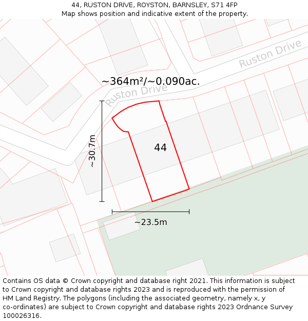 44, RUSTON DRIVE, ROYSTON, BARNSLEY, S71 4FP: Plot and title map