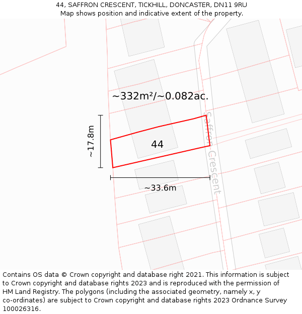 44, SAFFRON CRESCENT, TICKHILL, DONCASTER, DN11 9RU: Plot and title map