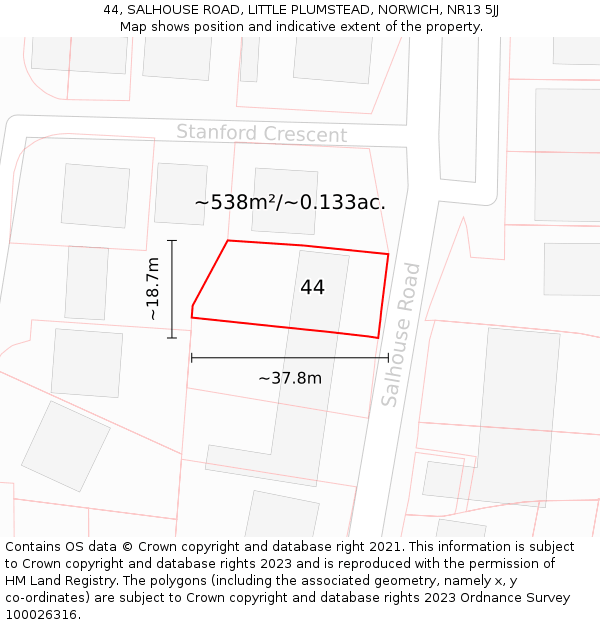 44, SALHOUSE ROAD, LITTLE PLUMSTEAD, NORWICH, NR13 5JJ: Plot and title map