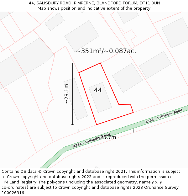 44, SALISBURY ROAD, PIMPERNE, BLANDFORD FORUM, DT11 8UN: Plot and title map
