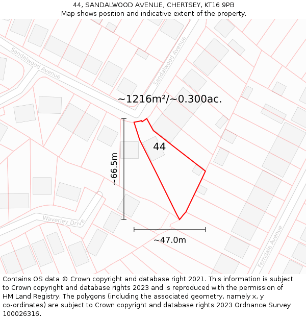 44, SANDALWOOD AVENUE, CHERTSEY, KT16 9PB: Plot and title map