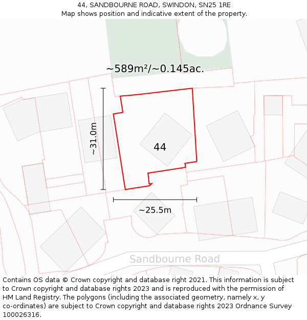 44, SANDBOURNE ROAD, SWINDON, SN25 1RE: Plot and title map