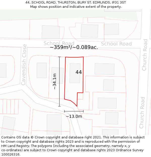 44, SCHOOL ROAD, THURSTON, BURY ST. EDMUNDS, IP31 3ST: Plot and title map