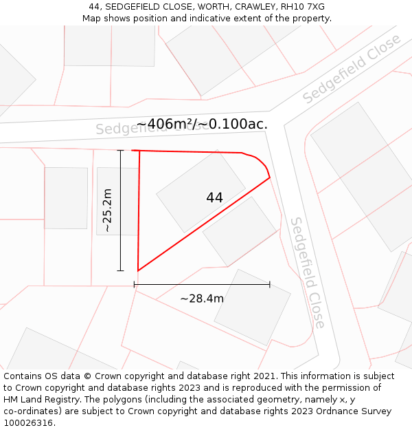 44, SEDGEFIELD CLOSE, WORTH, CRAWLEY, RH10 7XG: Plot and title map