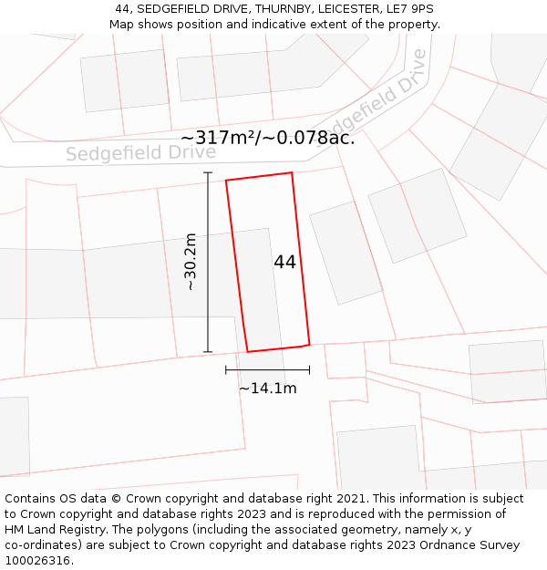44, SEDGEFIELD DRIVE, THURNBY, LEICESTER, LE7 9PS: Plot and title map