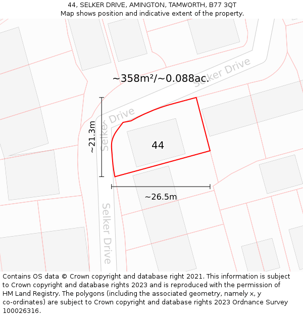 44, SELKER DRIVE, AMINGTON, TAMWORTH, B77 3QT: Plot and title map