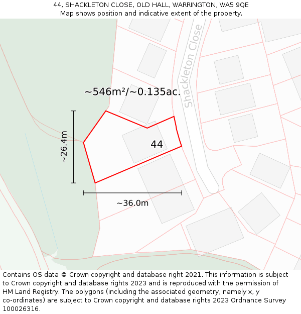 44, SHACKLETON CLOSE, OLD HALL, WARRINGTON, WA5 9QE: Plot and title map