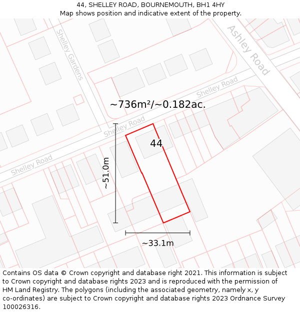 44, SHELLEY ROAD, BOURNEMOUTH, BH1 4HY: Plot and title map