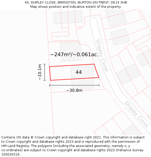 44, SHIPLEY CLOSE, BRANSTON, BURTON-ON-TRENT, DE14 3HB: Plot and title map