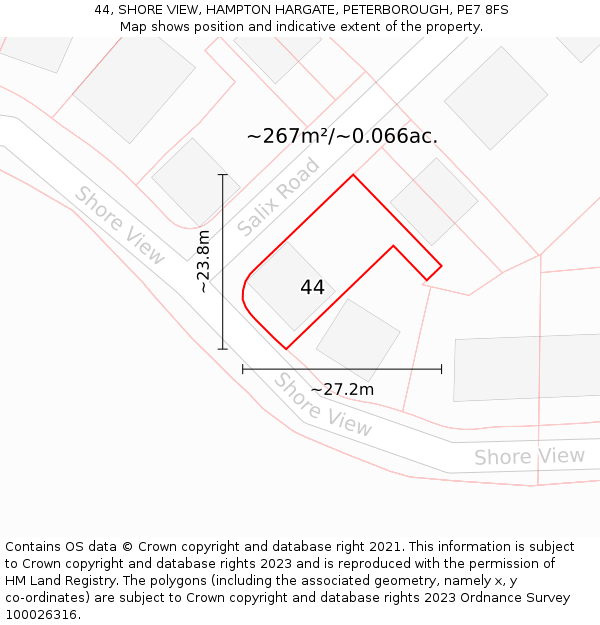 44, SHORE VIEW, HAMPTON HARGATE, PETERBOROUGH, PE7 8FS: Plot and title map