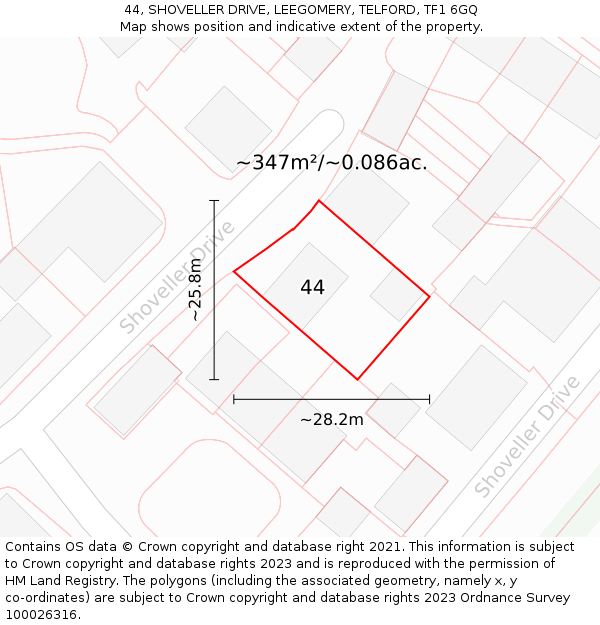 44, SHOVELLER DRIVE, LEEGOMERY, TELFORD, TF1 6GQ: Plot and title map